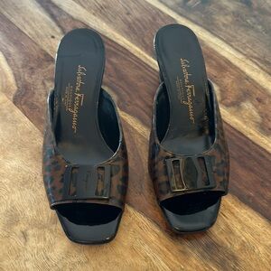 Never been worn Salvatore Ferragamo black and animal print kitten heels